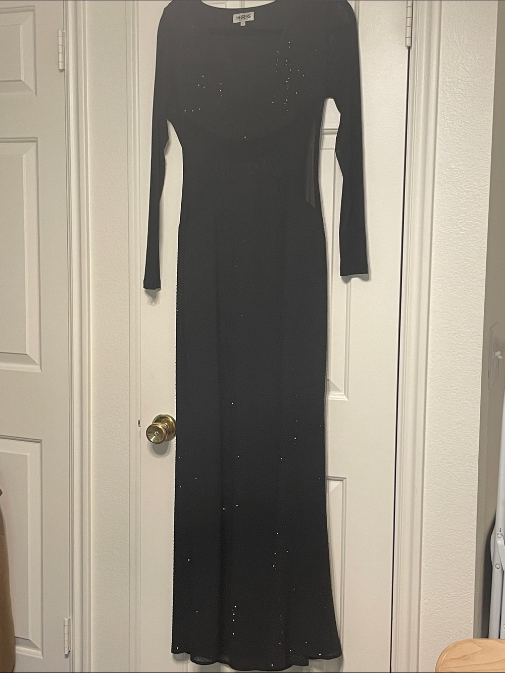 HEIRESS BEVERLY HILLS Black Sparkle Sequence Mesh Long-Sleeve V Neck Dress S